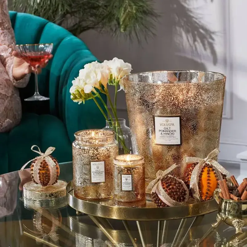 Voluspa large glass jar with glass lid, gilt pomander hinoki