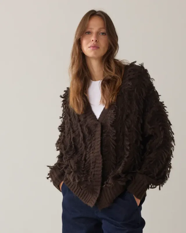 Summum Cardigan med frynser, mørk brun