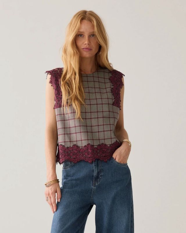 Summum top check, burgunder