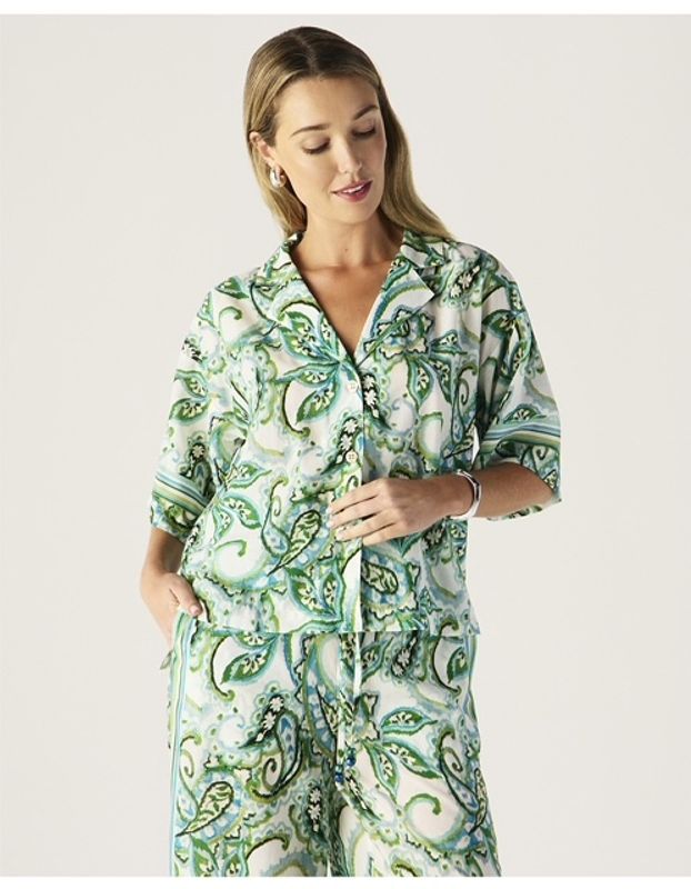 MOS Tara Print blouse, naturhvit med print i lyseblå og grønn toner
