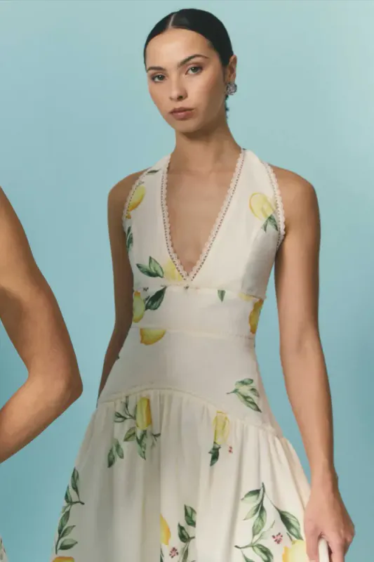 Elliat Hana halter down in lemon print, naturhvit
