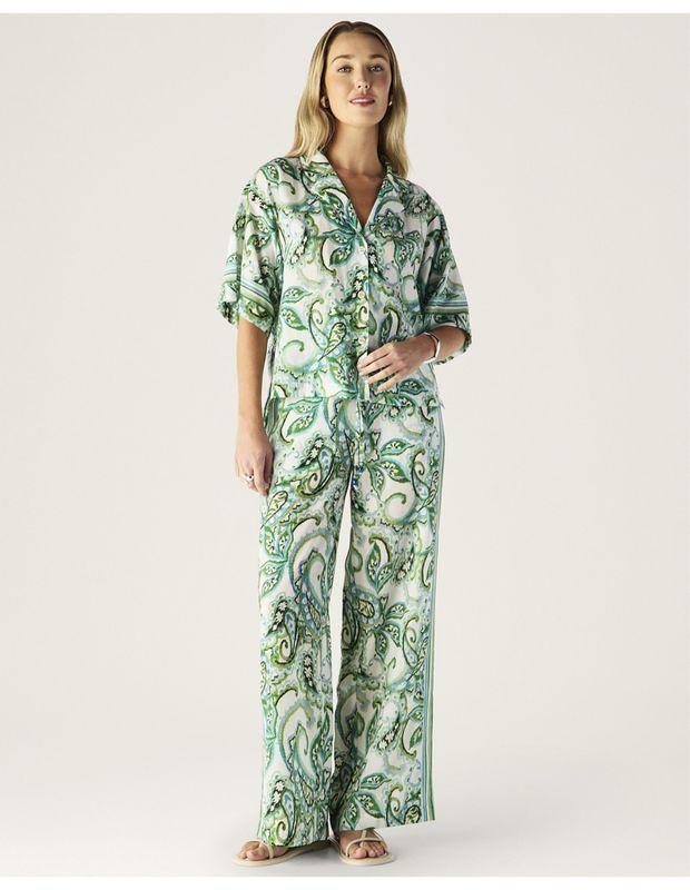 MOS Tara Print blouse, naturhvit med print i lyseblå og grønn toner