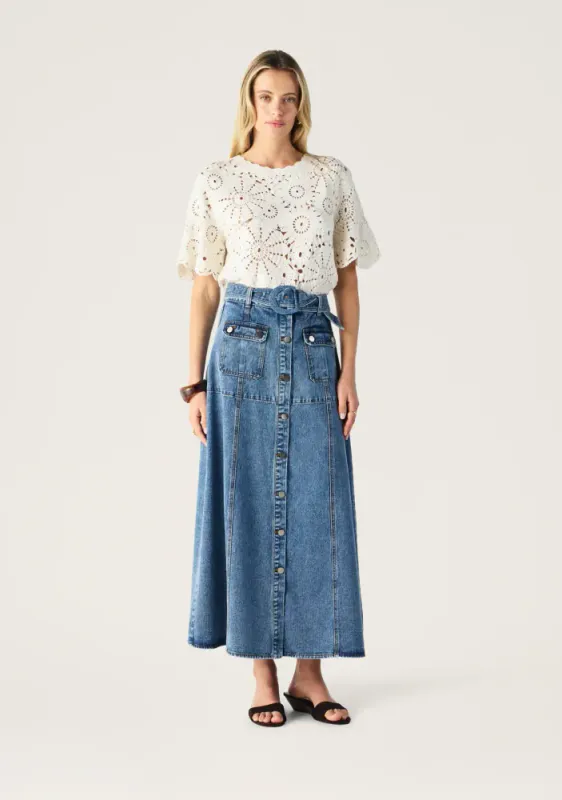 Mos, Aveline denim midi skjørt, denimblå